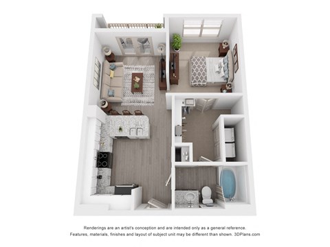 Floor plan for 1 bed, 1 bath, 588 sqft